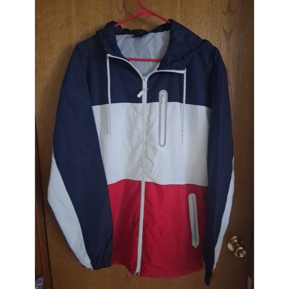 CSG Men's Medium Red White Blue Lightweight Windbreaker Zip Up Hooded read - Picture 8 of 10